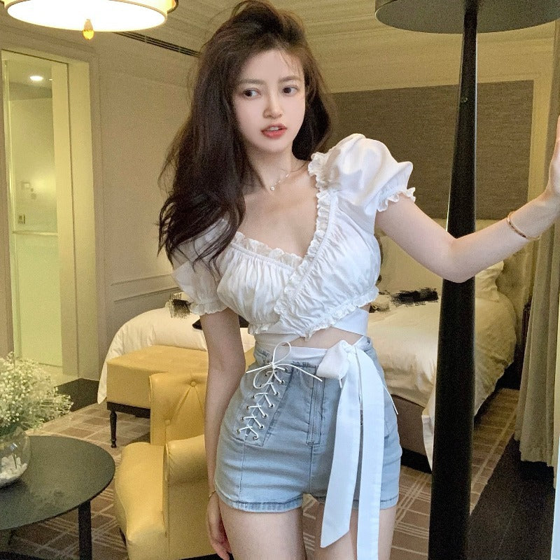French Bubble Sleeve V-Neck Shirt Women''S Summer Design Sense Minority Short Shirt White Bandage Short Sleeve Top