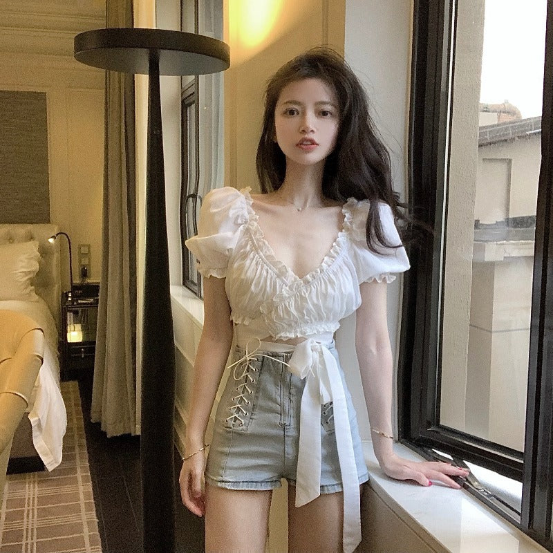 French Bubble Sleeve V-Neck Shirt Women''S Summer Design Sense Minority Short Shirt White Bandage Short Sleeve Top