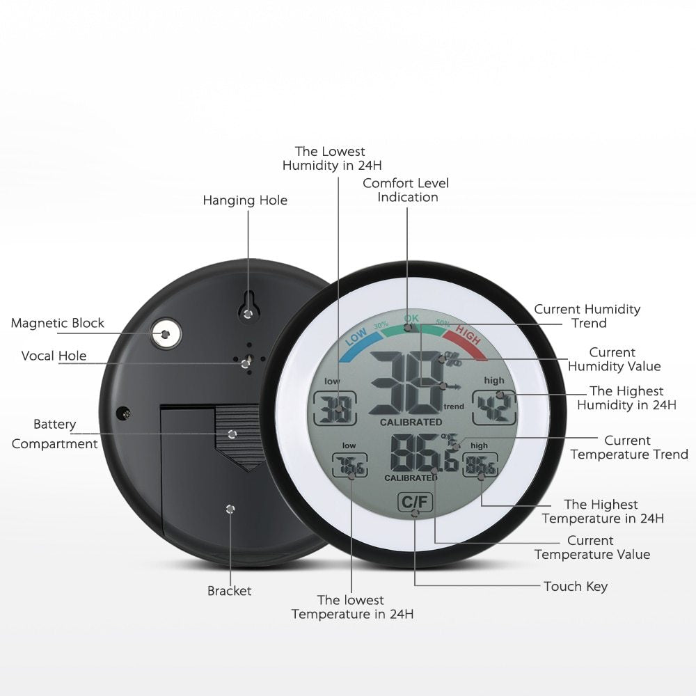 Multifunctional Digital Thermometer Hygrometer Temperature Gauge Humidity Meter Clock Wall Max Min Value Trend Display C Funit