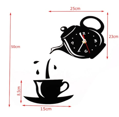 New 3D Acrylic Coffee Cup Creative DIY Acrylic Mirror Wall Clock Wall Sticker Clock Home Decoration
